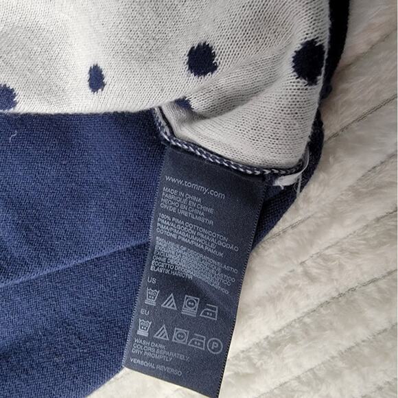 Tommy Hilfiger Navy Polka Dot Sweater Women’s Large 100% Pima Cotton V-Neck - Picture 8 of 9